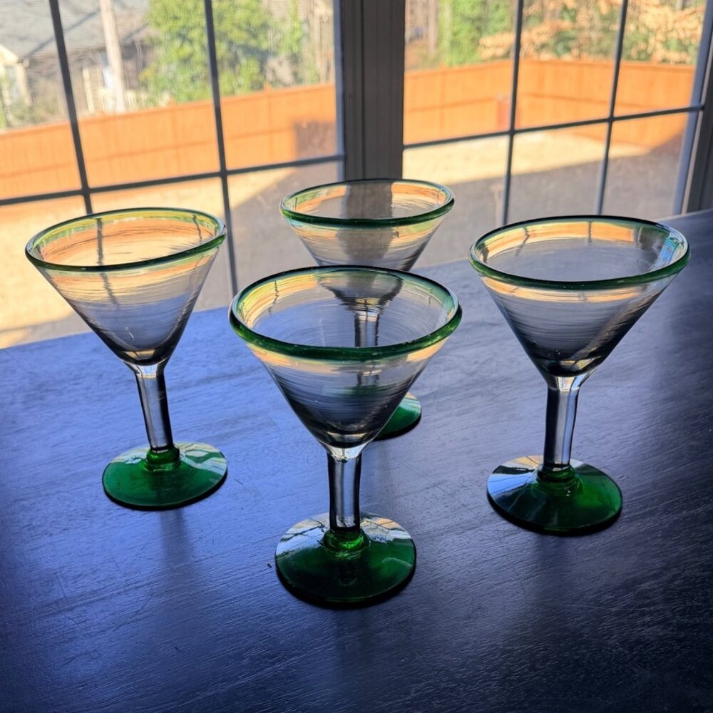 Vintage Mexican Green Rim Margarita Glasses 8 oz Set of Four